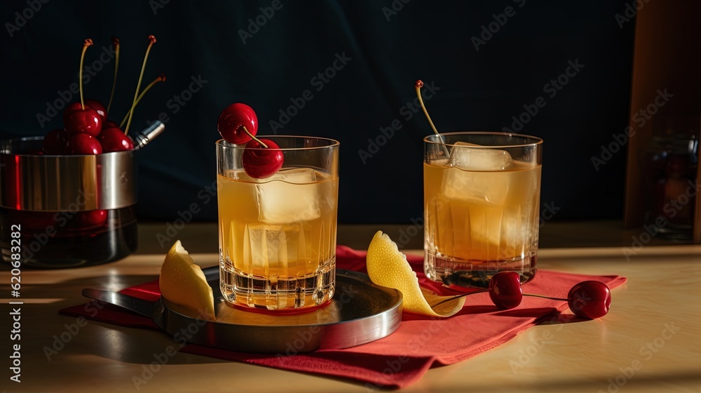  two glasses of lemonade with cherries on a tray and a cherry on the side of the glass and a cherry 