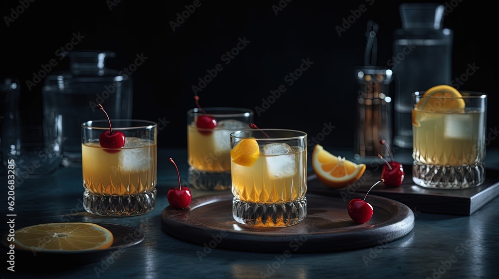  a table topped with glasses filled with drinks and garnished with cherries and lemon slices and che