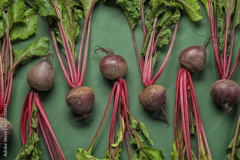 Fresh beetroots with leaves on green background