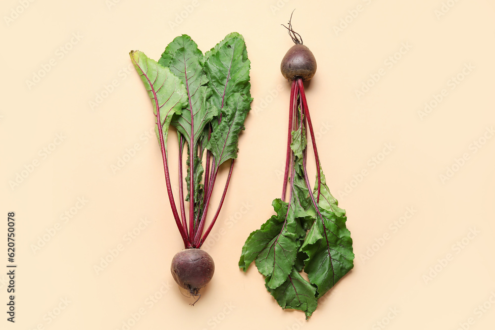 Fresh beetroots with leaves on beige background
