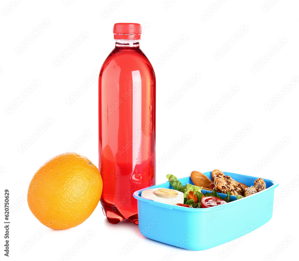 Bottle of juice, orange and lunchbox with tasty food isolated on white background