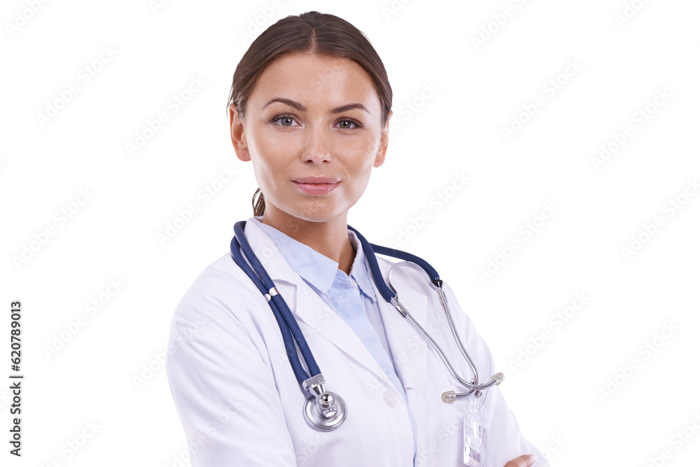 Portrait, serious doctor and woman isolated on a transparent png background. Medical professional, s
