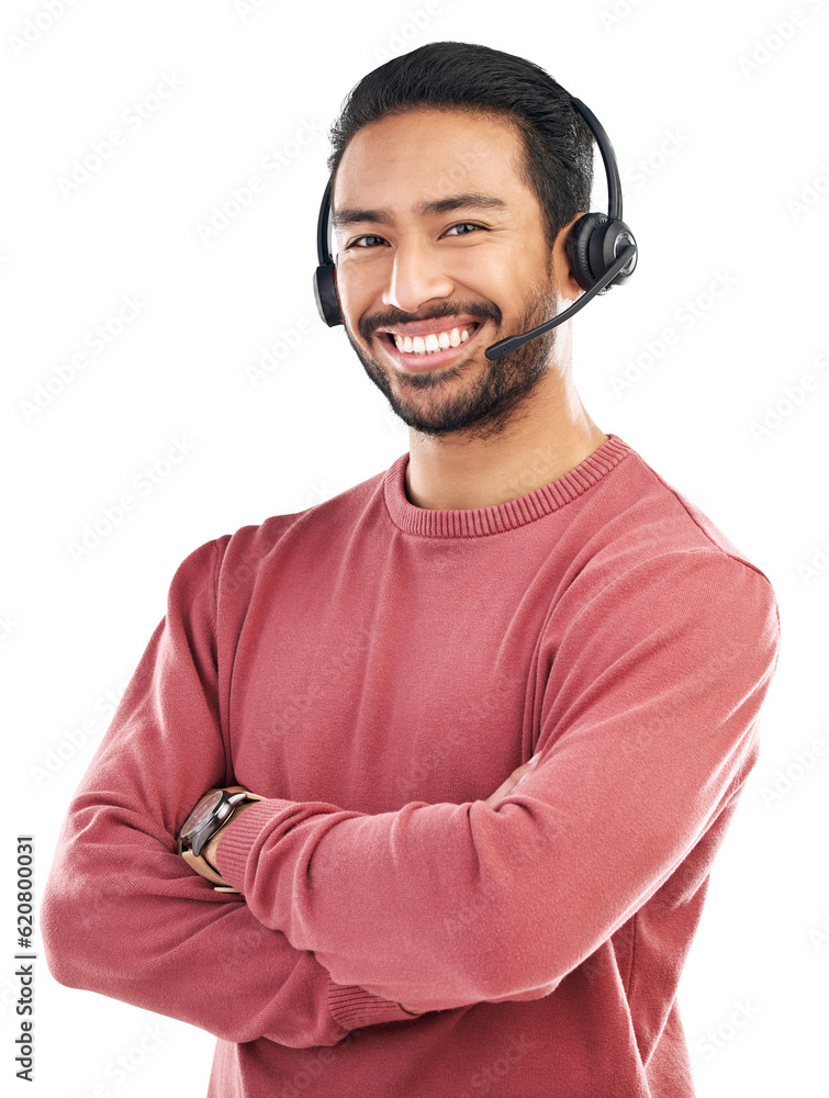 Call center, man with arms crossed and headset, customer service job with CRM isolated on transparen