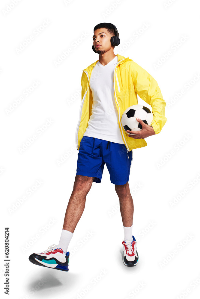 Isolated young man, soccer ball and headphones with thinking, sports and music by transparent png ba