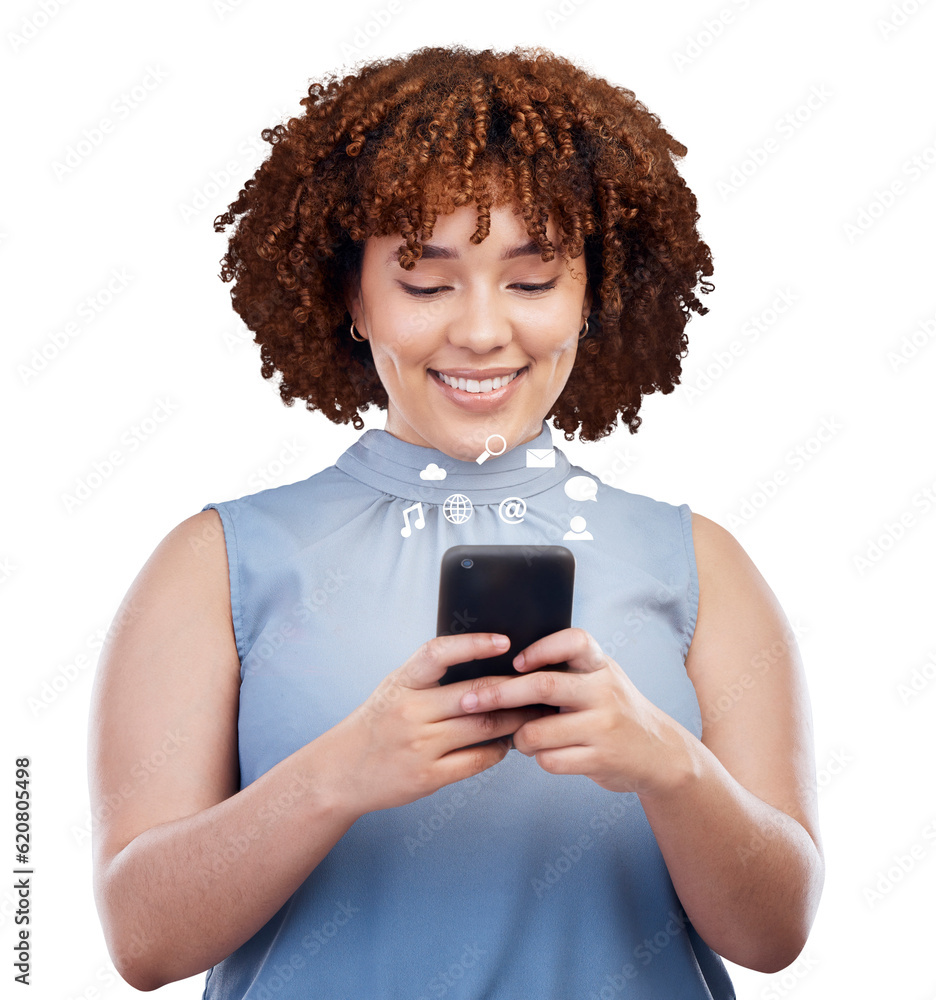 Typing, business and woman with a smile, icons and employee isolated on a transparent background. Pn