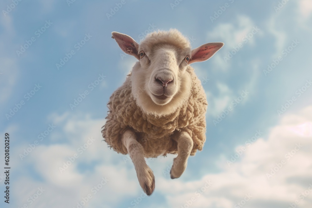 A Sheep, Flying sheep on blue sky background. Generative AI