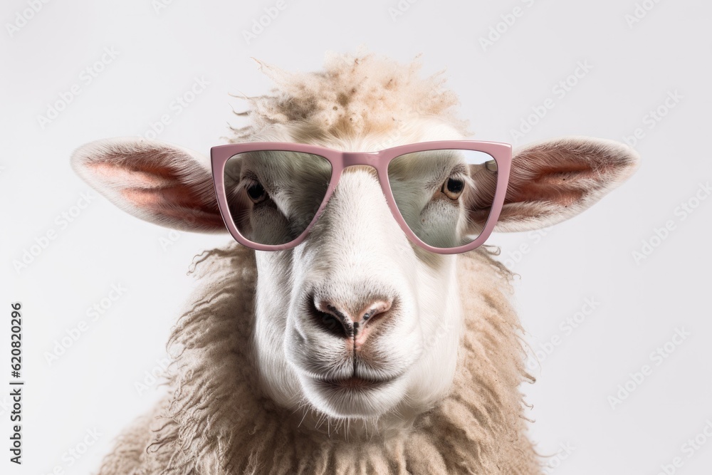 A Sheep, Funny sheep wearing sunglasses isolated on white background. Generative AI