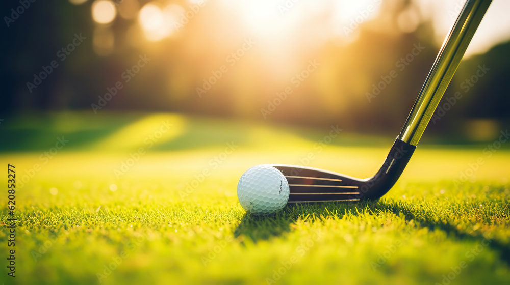 Golf club and golf ball on green grass background. Blurred backdrop. Outdoor sport on a sunny day. G