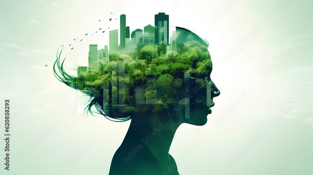 Symbolizing the green thinking concept, a womans head silhouette is filled with green, sustainable 