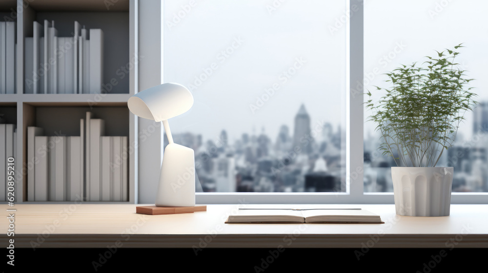 Tabletop in a modern bright office room, Modern white and clean office room.