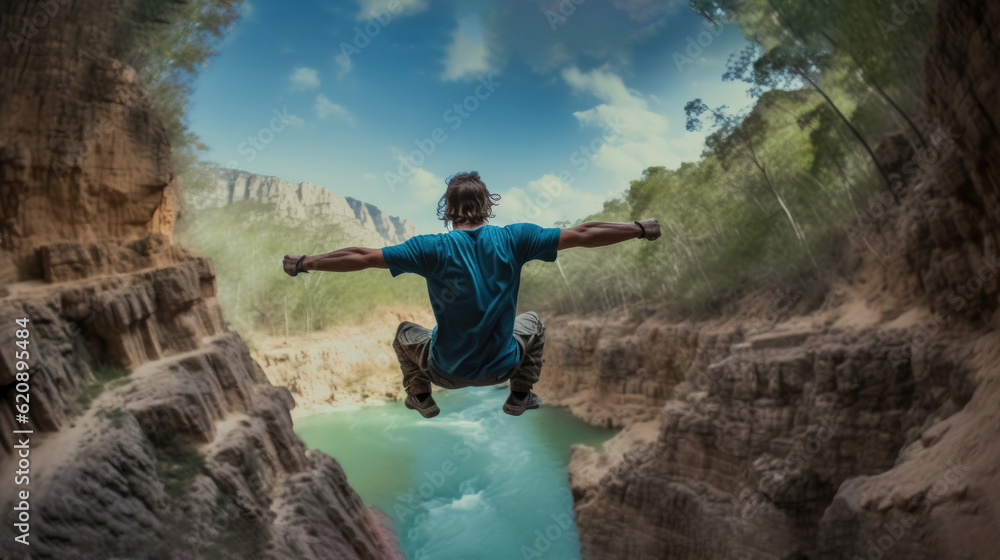 Man are jumping off a high cliff at a waterfall. Top view.