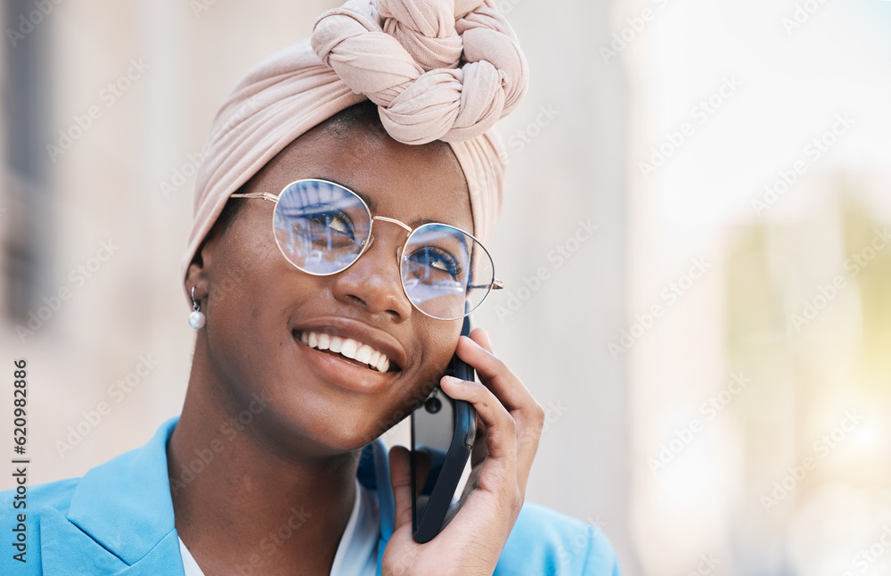 Phone call, communication and young businesswoman in the city with smile and confidence. Happy, tech