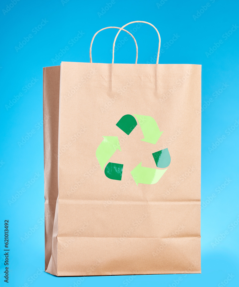 Brown paper bag, recycling sign and studio for sustainability, shopping and retail package by blue b