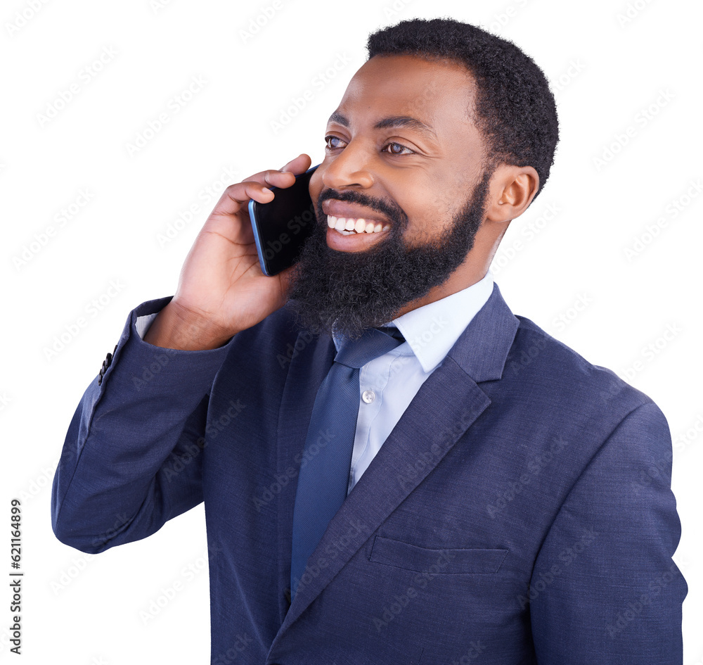 Smile, black man and talking on cellphone for business in png or isolated background as finance mana