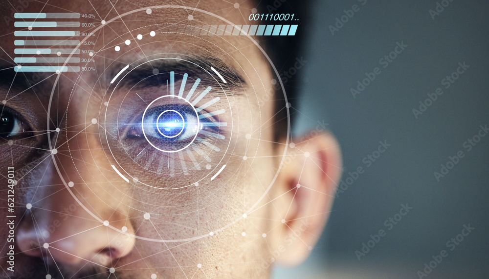 Scan hologram, eyes and face of man of biometric data, cybersecurity and futuristic technology. Holo