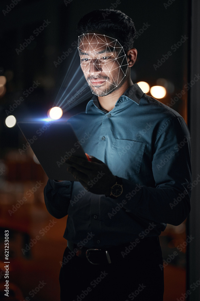 Asian man, tablet and facial recognition at night in biometrics for access, verification or identifi
