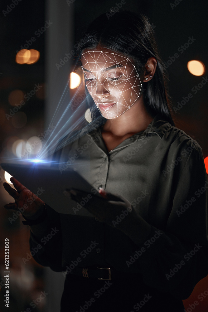 Woman, tablet and facial recognition at night in biometrics for access, verification or identificati