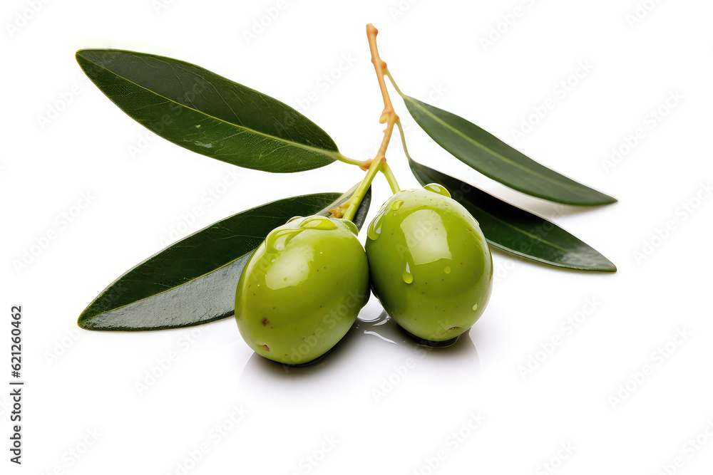 Delicious green olives with leaves, isolated on white background (ai generated)