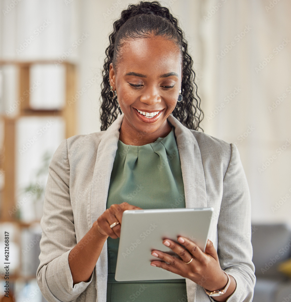 Lawyer, happy or black woman with tablet in office for legal research, online app and social media. 