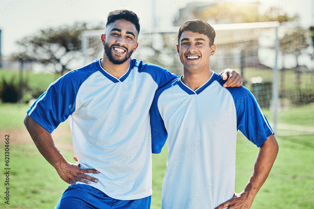 Football player, team and portrait of men together on a field for sports game and fitness. Happy mal
