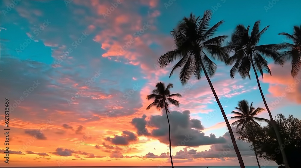 Timelapse Silhouette coconut palm trees in beautiful sunset, Amazing light nature colorful clouds la