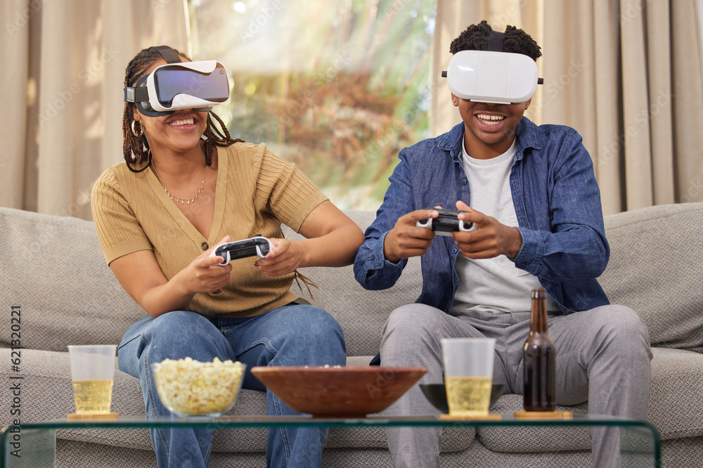 Couple in digital world, virtual reality and video game, esports and people at home on futuristic ga