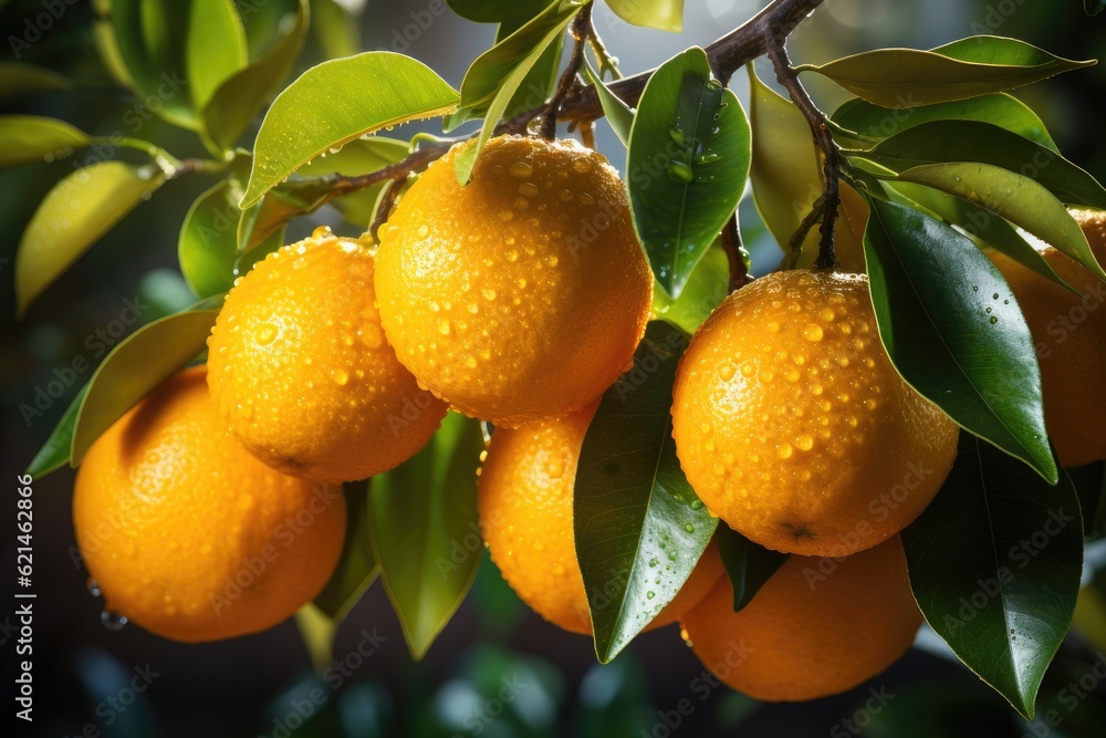 Oranges orchard with fresh organic juicy ripe citrus fruits hanging growing on a tree branch. Genera