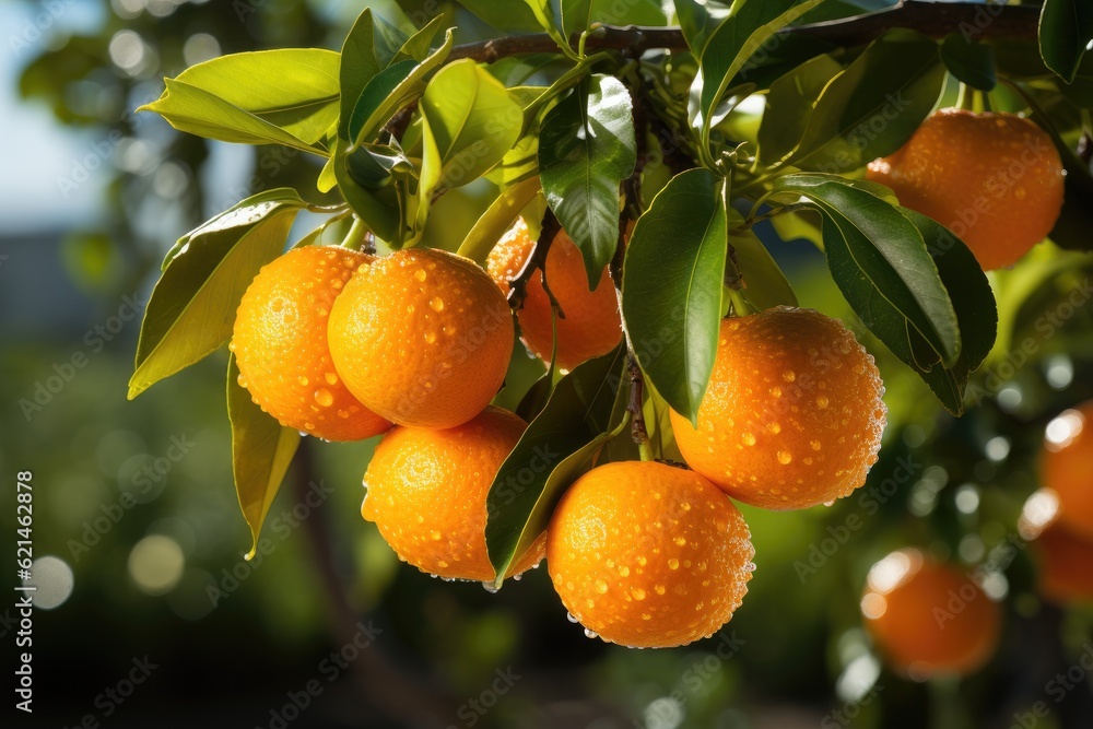 Oranges orchard with fresh organic juicy ripe citrus fruits hanging growing on a tree branch. Genera