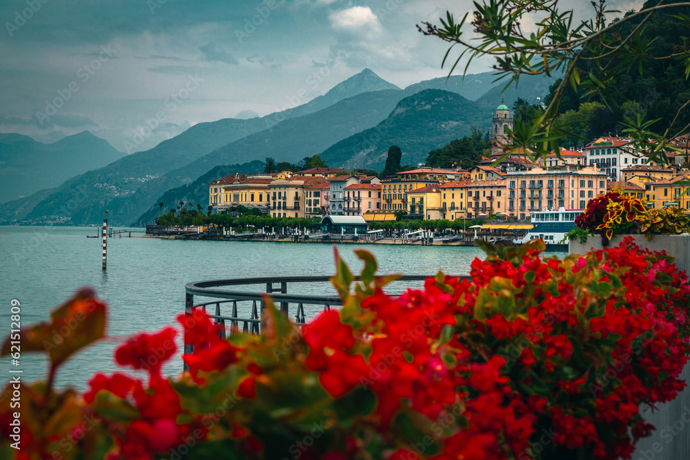 Stunning flowery waterfront of lake Como near Bellagio, Lombardy, Italy