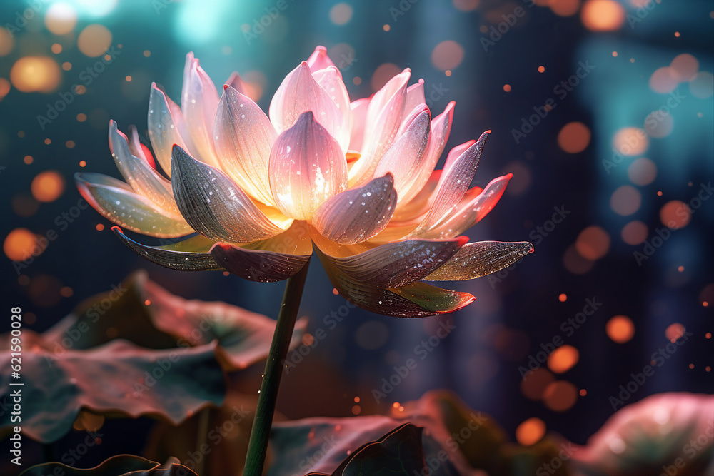 Magical template collage generated by ai of water lily flower with mysterious light in night nature 