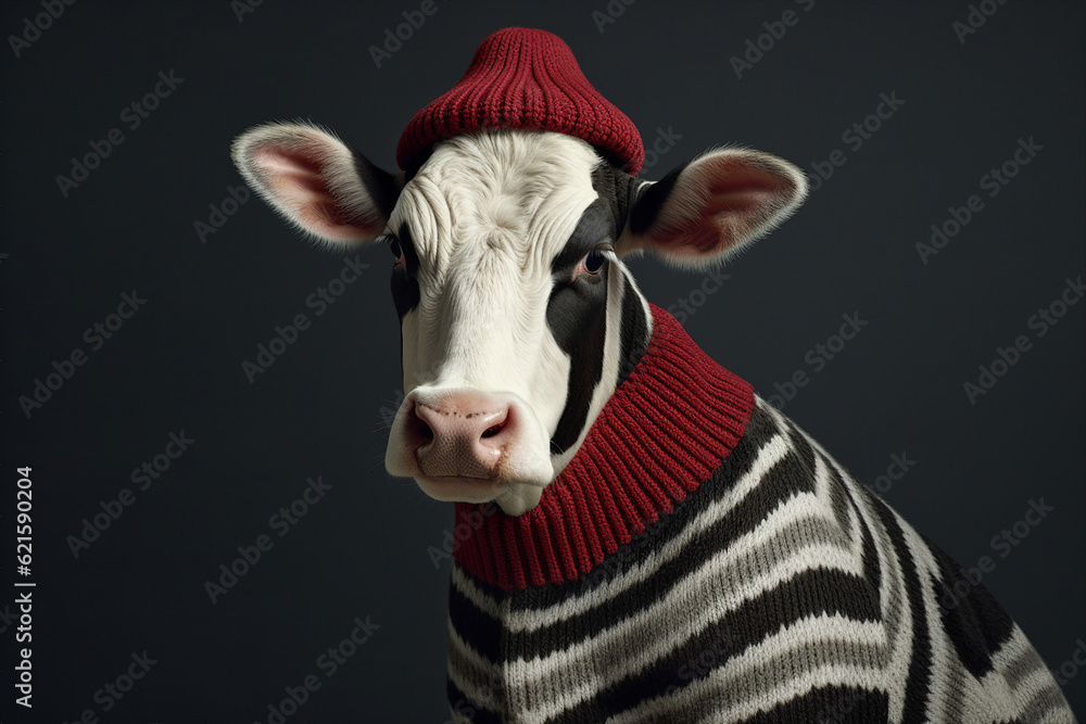 Generative ai collage of fashionable anthropomorphic cow fashionista wear knitted outfit on black ba