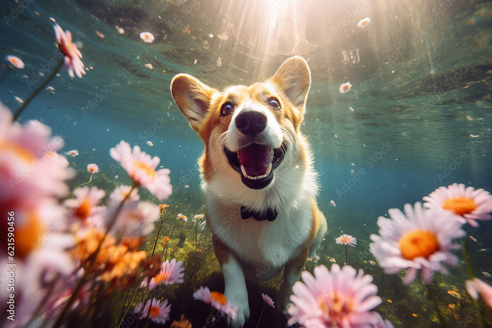 Collage template with virtual effect generated by ai cute welsh corgi dog swim underwater water natu