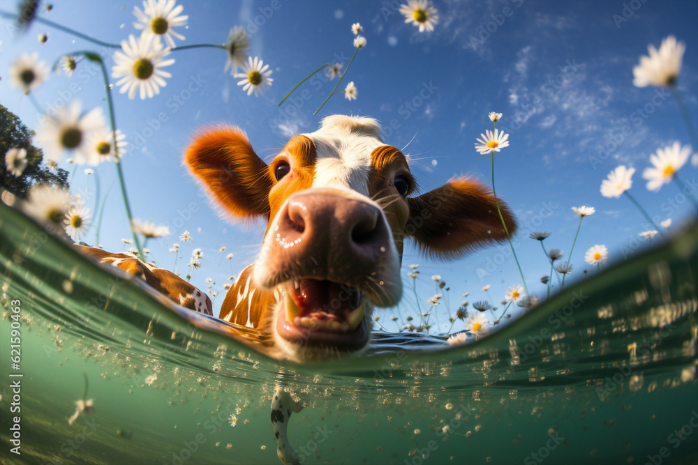 Template generated ai collage of funny cow swimming in water search for tasty grass on spring pastur