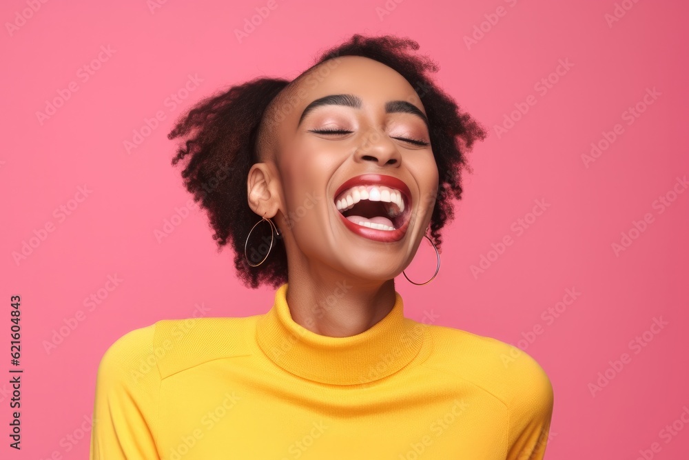 Happy African American woman on pink background.