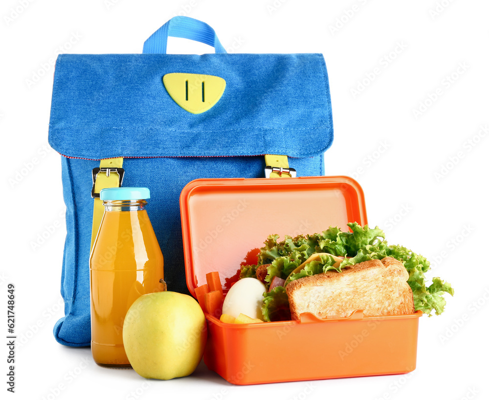 Backpack, drink and lunchbox with tasty food isolated on white background