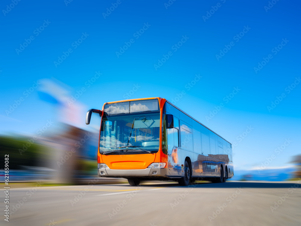 Picture of a bus in motion. City transport. Transportation for transporting people. Blurred backgrou