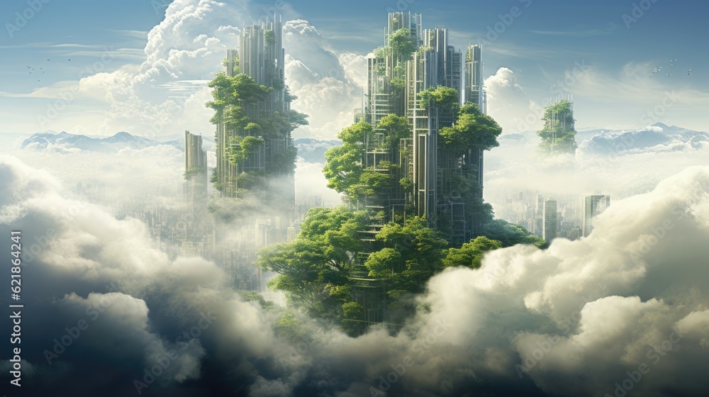 elegant skyscraper, city views, elegant and light, floating above cloud, green terraces, dynamic and