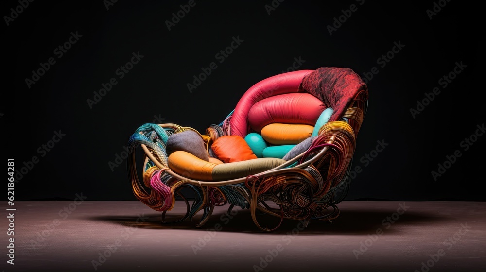 a surrealistic chair, interior magazine photograph of colorful mixed material throne-like lean-back 