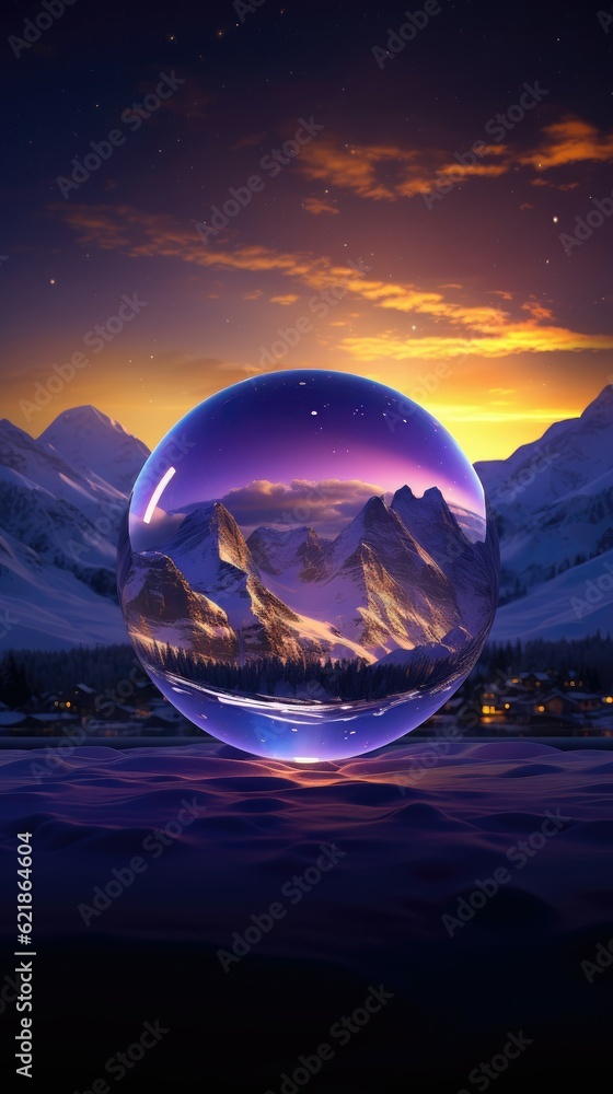 transparent starlight, round crystal, purple light reflection, artwork