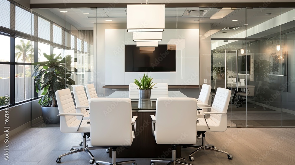 A conference room of a family law firm with a modern white elegant look with minimalist vibes and gr