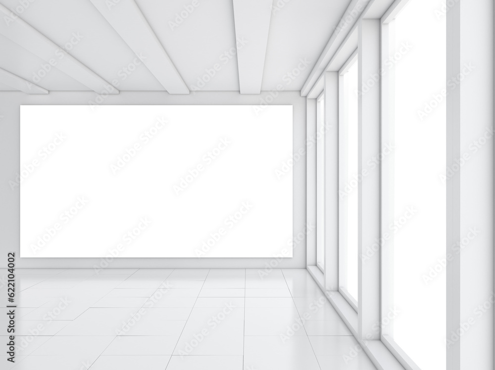 Empty gallery interior with light windows. 3D illustration