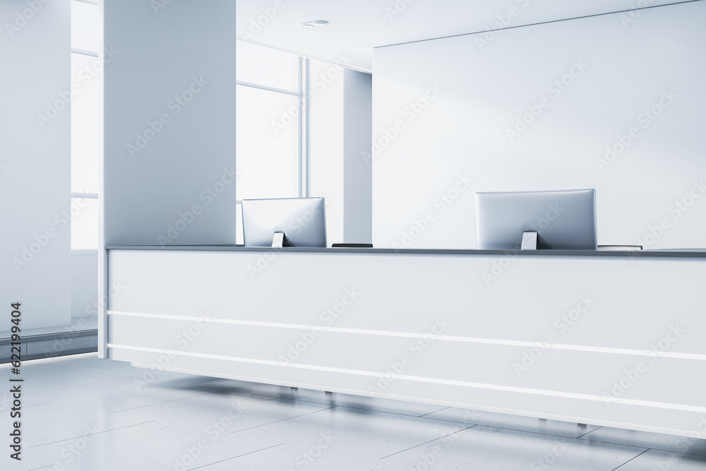 Light white concrete office lobby interior with reception desk and computer, window with city view a