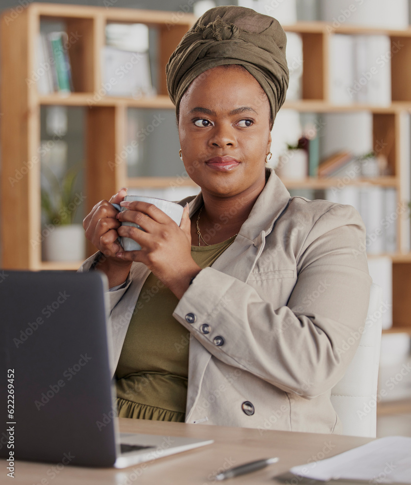 Thinking, coffee and business black woman with laptop at desk for brainstorming, strategy and planni