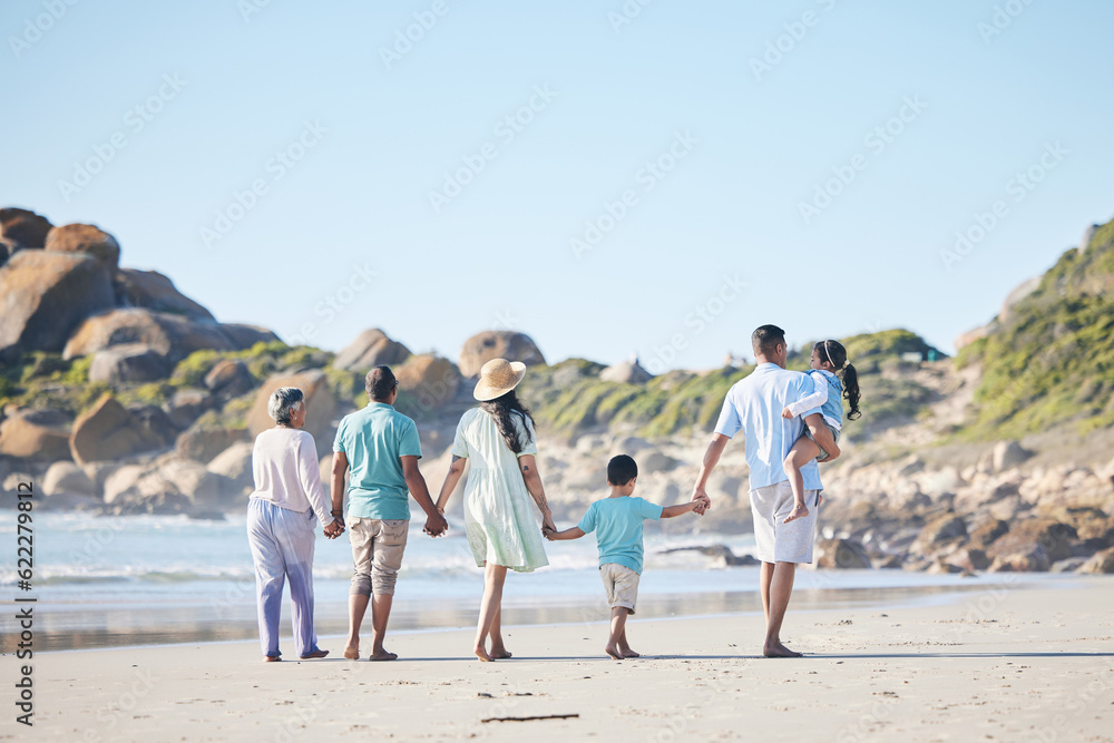 Beach, walking and grandparents, parents and children by sea for bonding, quality time and relax in 