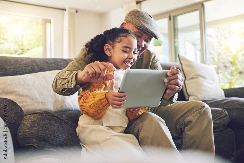Young girl, grandfather and tablet, games and entertainment, watch cartoon or e learning while at ho