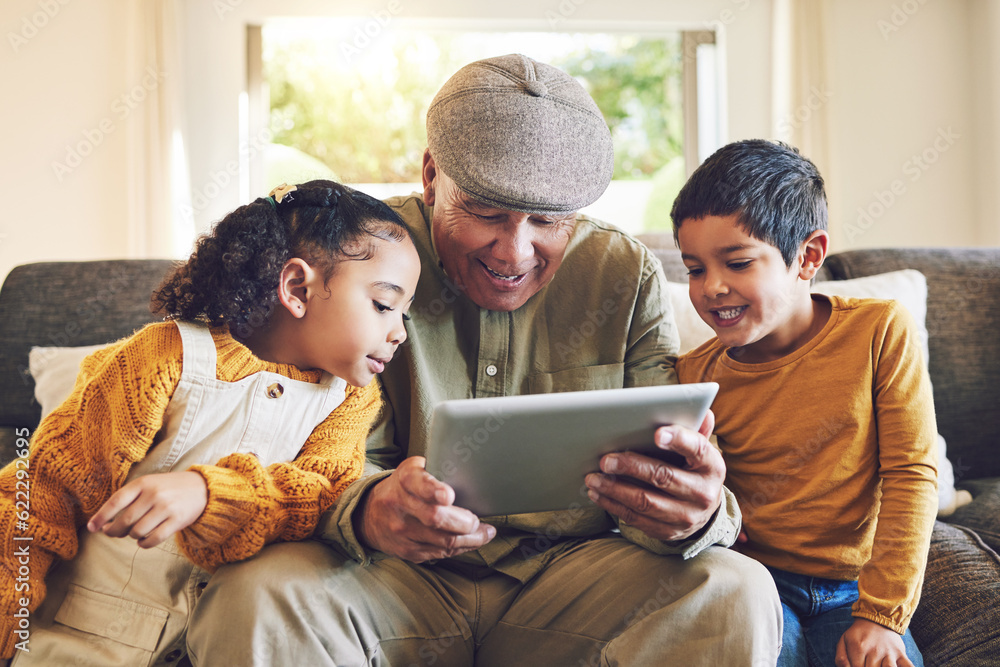 Young kids, grandfather and tablet, relax together and watch cartoon or e learning with games while 