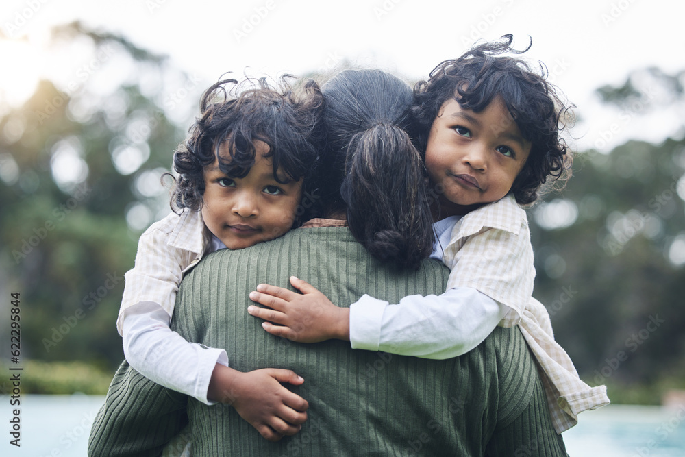 Love, care and children hug mother at outdoor park bonding for trust and happy for quality time toge