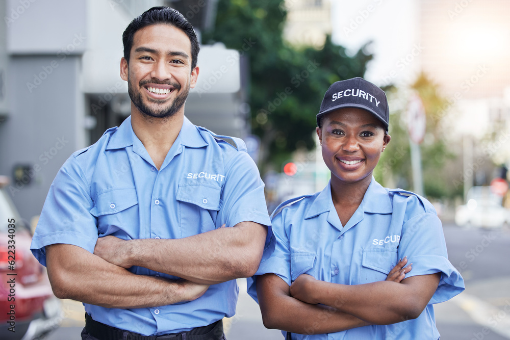 Woman, man and security guard portrait in city, arms crossed and happy for support, safety and teamw