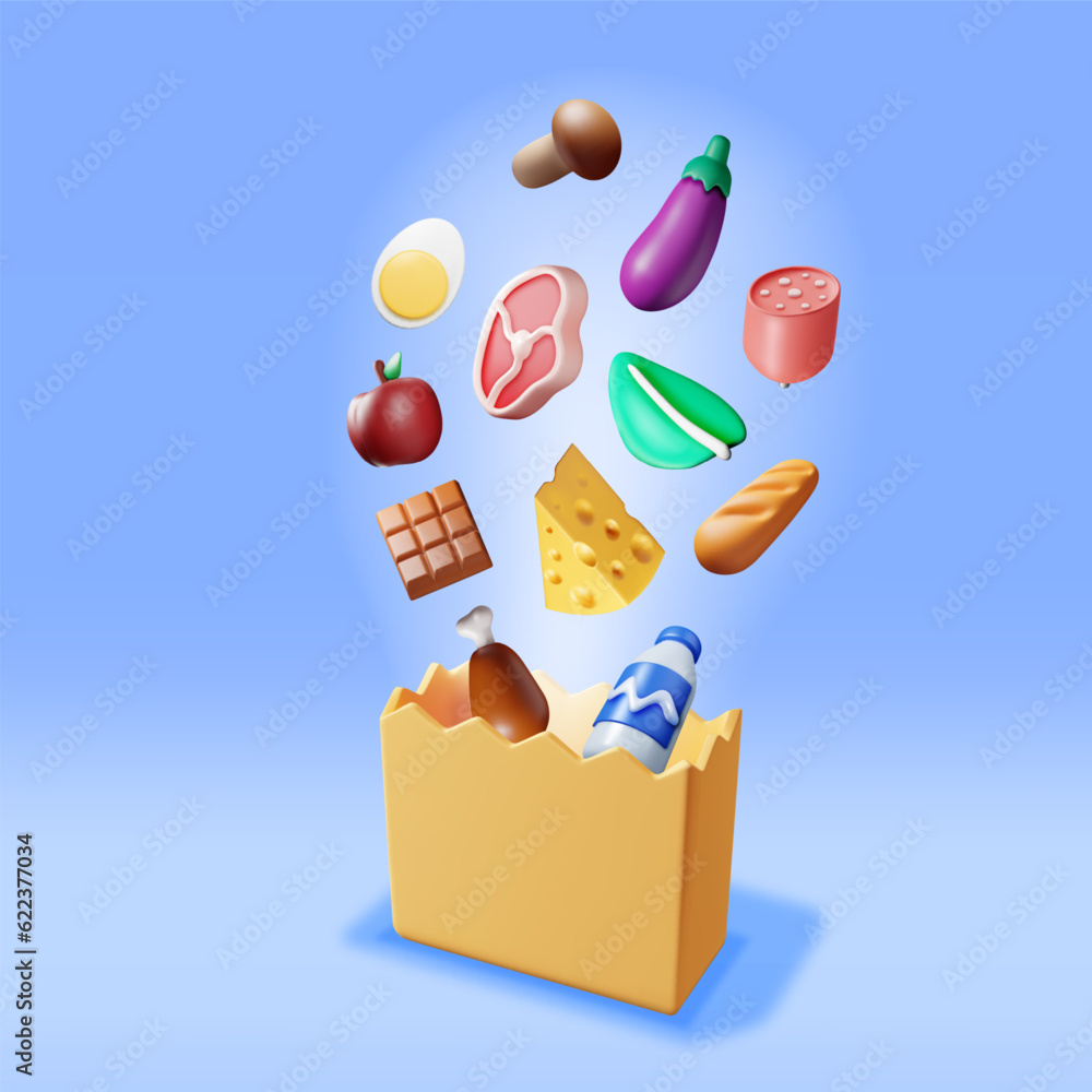 3D Shopping Paper Bag with Fresh Products. Render Grocery Store, Supermarket. Food and Drinks. Milk,