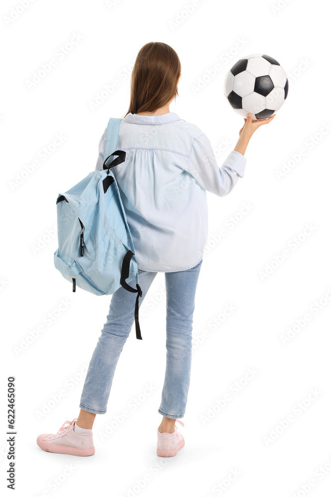 Little girl with schoolbag and soccer ball on white background, back view